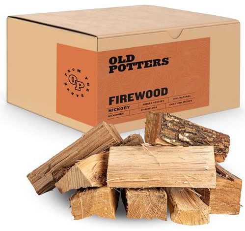 Old Potters Kiln Dried Firewood - Hickory, 1100 Cu. in, 16-18 Logs ~ 8 x 2.5 Logs. Cooking Wood for Grilling, Smoking, and Firepits, Hickory.