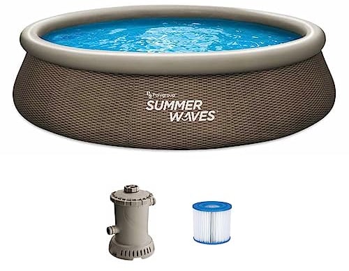 Summer Waves Quick Up Pool Komplettset | Rund 366x76 cm Rattanoptik Braun | Aufstellpool Set | Gartenpool & Schwimmbecken inkl. Filterpumpe & Filterkartusche