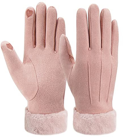 ZASFOU Damen Winter Touchscreen Handschuhe mit fleece gefütterte Warme Kaschmir winterhandschuhe für Kaltes Wetter,Rosa,L