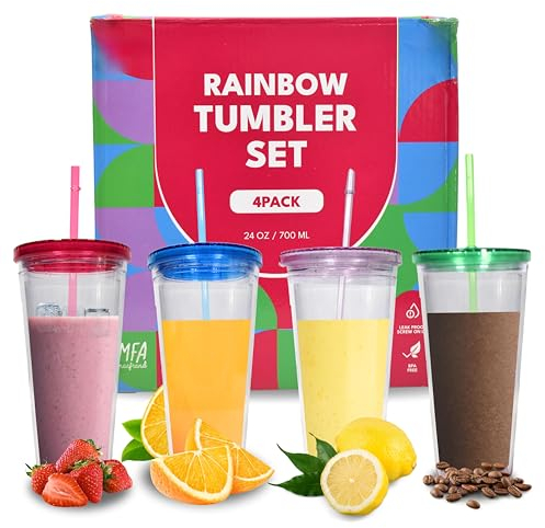 Marfrand Vaso Plástico con Tapa y Pajita. Vaso Duro Transparente Doble Pared. Tumbler Plástico Reutilizable 700 ml. Libre de BPA. 4 Unidades. Colores.…