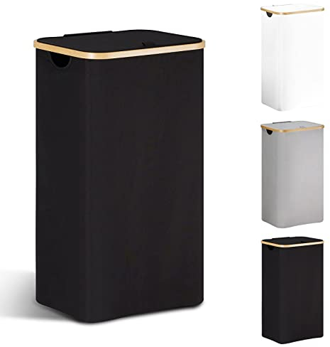 YOUDENOVA Panier à linge, avec couvercle, 85 l, étroit, avec sac à linge, grand, pliable, haut, en bois de bambou, noir