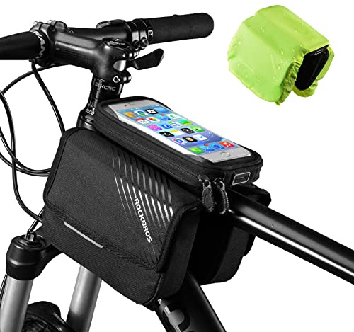 ROCKBROS Bike Frame Bag, Waterproof Top Tube Bike Bag, 2L Large Storage Touch Screen Cell Phone Holder, Suitable for iPhone X,11,12,13,14 Below 6.4