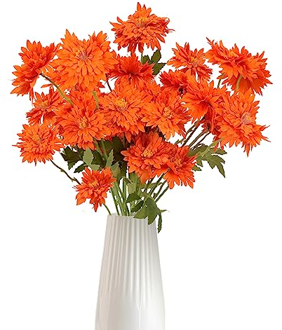 SLFYEE 6PCS Künstliche Blumen Orange Kunstblumen Chrysantheme Seidenblumen Plastik Blumen Deko für Terrarium Vase Hochzeit Blumengestecke Balkon Garten