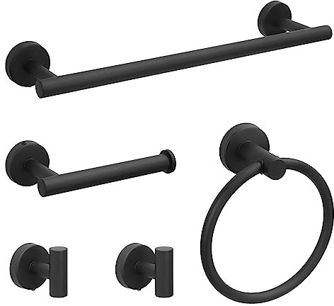 sunzone Ensemble de matériel de salle de bain, 5 pièces en argent brossé – Comprend une barre porte-serviettes de 40,6 cm, un anneau porte-serviette, des crochets pour peignoir et un support de papier