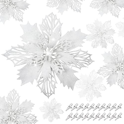 YSUVIN Weihnachtsblumen dekorieren, 20 Stück Weiß Weihnachten Blumen Weihnachtsstern Ornamente Poinsettia Glitzer Christbaumschmuck Geeignet für Weihnachten Hochzeitsfeier Neujahr