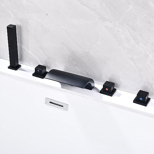Badewannenarmatur, Wasserfall Wasserhahn 5 Einheiten, Wasserhahn Bad LED Technologie, Bachlauf Komplettset, Schwarz Regenfall Handbrause Set Laufruhiger.