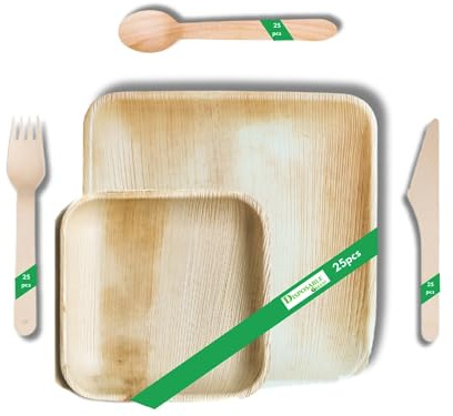 DISPOSABLE Palm Leaf Plates & Cutlery Set, 25 Large + 25 Small Plates, 75 Forks, Knives & Spoons, Eco-Friendly Biodegradable (750 pcs)