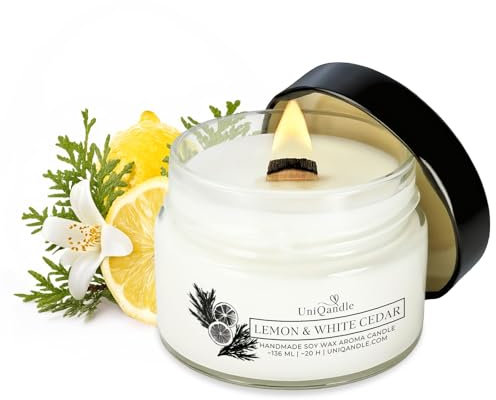UniQandle Duftkerzen im Glas – Starker Duft, gleichmäßiges Brennen, als Geschenk geeignet – Langbrennend, Holzdocht, natürliches Wachs (Lemon & White Cedar)