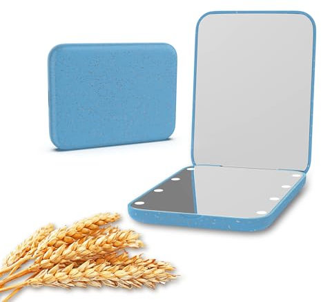 Kintion Weizenstrohspiegel, Taschenspiegel, 1X/3-fache Vergrößerung, beleuchteter Kunststofffaserspiegel, Faltbarer Taschenspiegel, Handheld-Reisespiegel, Kleiner beleuchteter Kompaktspiegel, Blau