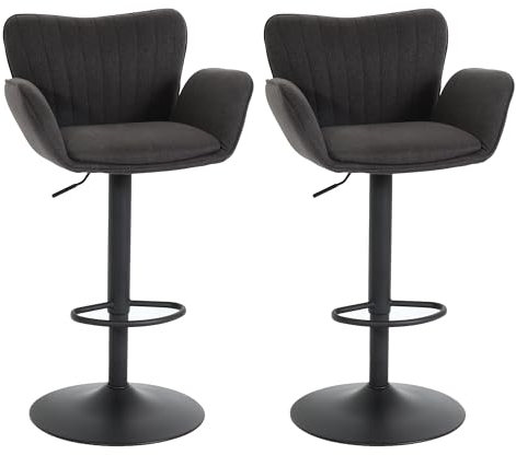 Mendler 2er-Set Barhocker HWC-M67, Barstuhl, mit Armlehne Fußablage drehbar Stoff/Textil Eisen FSC® - dunkelgrau Fuß schwarz