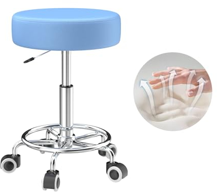 Hocker höhenverstellbar 49cm-63cm,Rollhocker mit fußstützezur Entspannung des Körpers,kompakt,bequem und leicht PU leder hocker mit rollen,drehhocker,arbeitshocker,friseurhocker,bürohocker (Blau)