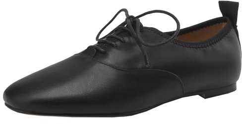 CHICMARK Bailarinas Oxford para mujer con cordones de piel de vaca y puntera cuadrada, Negro , 43 EU