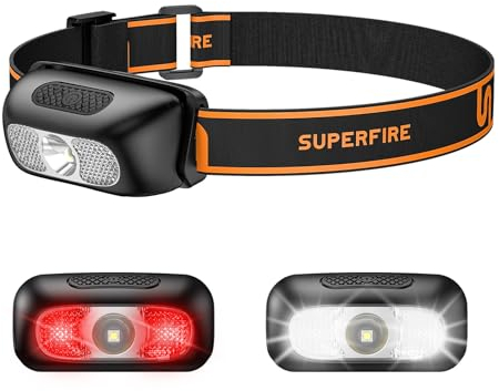 SuperFire Stirnlampe LED Wiederaufladbar, 2000 Lumen Kopflampe Stirnlampe Rotlicht, USB Wiederaufladbare, 5 Modi, Verstellbaren Einrast Für Erwachsene & Kinder, Wasserdicht Für Angeln Camping Joggen