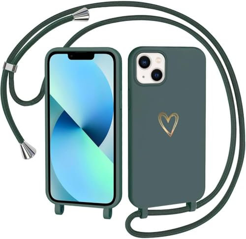 CaseLover Handyband kompatibel mit iPhone 15 Hülle mit Band Herz Muster Silikon Necklace Handyhülle mit Abnehmbar Kordel zum Umhängen Stossfest Bumper Handy Schutzhülle für iPhone 15 6.1, Grün