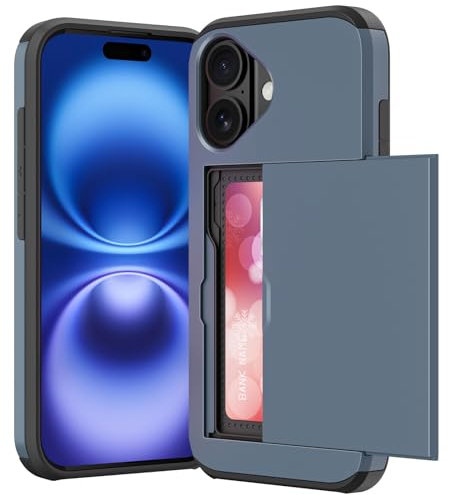 ACOCOBUY Compatible with iPhone 16 Case with Card Holder Shockproof Protective Dual Layer Hidden Credit Card Slot Heavy Duty Wallet Phone Cover Armor Rubber Bumper Shell 6.1 inch for Men Women Navy