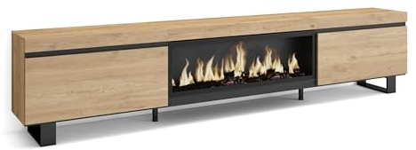 Skraut Home | Mobile TV Soggiorno | Ampio spazio a disposizione | 267x57x35 cm | TV di grande formato | Camino elettrico XXL | Design industriale | Stile moderno | Rovere