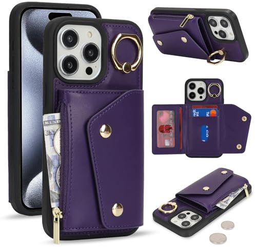 Lipvina Coque pour iPhone 13 Pro Max avec Portefeuille Porte-Cartes de crédit et Fermeture éclair - Housse Portefeuille Pratique avec Fentes pour Cartes de crédit - Sombre Violet.