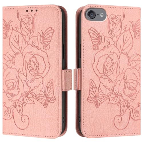 LEMAXELERS Handyhülle für Apple iPod Touch 7 Hülle RFID Schutzhülle Magnetische Rose Blume Hülle Kartenfach Standfunktion Brieftasche Stoßfeste Klapphülle für iPod Touch 7/6 / 5 Rose YBMG.