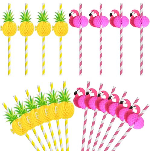 50 Pcs Flamingo Pineapple Paper Straws, Colourful Cocktail Straws Biodegradable Disposable Paper Drinking Straws for Fun Hawaiian Tropical Beach Luau Jungle Cocktail Party Decorations Supplies