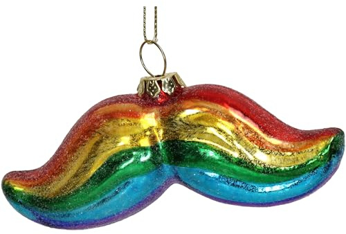 Christbaumschmuck 10cm Glas - Schnurrbart Figur zum Aufhängen - handbemalt & mit Glitzer - Weihnachtsbaum Anhänger für Weihnachten - Christbaumanhänger & Weihnachtsbaumschmuck in Regenbogen Farben