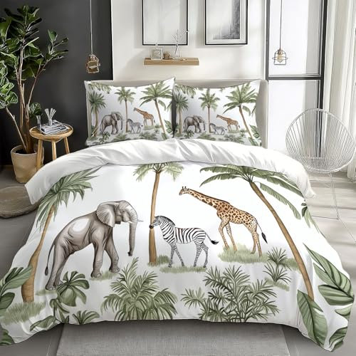 CozyRest Duvet Cover Set Child Jungle Palm Tree Bedding Set 2pcs, Soft Comfy Animal Zebra Cheetah Reversible Duvet Cover Breathable Bedding Bed Sets with Pillow Cases, Easy Care