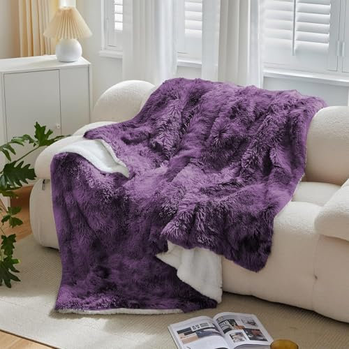 Wajade Kunstfelldecke – Sherpa Schafdecke – Comfort Luxuriöse Flauschige Kuscheldecke – weiche Decke für Couch und Bett – 160 x 200 cm –Purple White