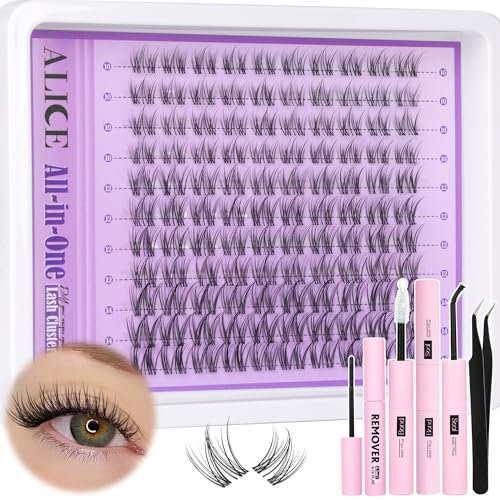ALICE Cluster Lash Kit Clear Band Natural Wispy 10-14mm DIY Eyelash Extension Kit C Curl Individual Lashes Kit with Glue and Remover Self Application at Home