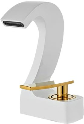 Bad Armatur Waschbecken Wasserfall Schwanenform Waschtischarmatur Einhebelmischer mit Zugstange Kupfer Wasserhahn Bad,weiß+gold