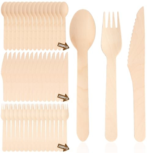 Heuchaey Cubiertos, Cubiertos de madera, 300 piezas, 100 Cuchillos, 100 Tenedores, 100 Cucharas, Set de Cuberteria, para Fiestas y Camping