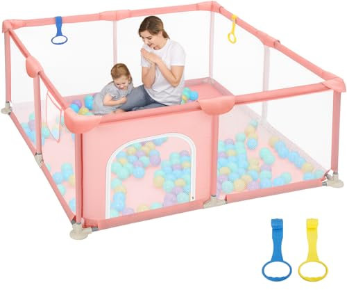 Dripex Laufstall Baby 124x124cm, Laufgitter Baby, Laufstall mit atmungsaktivem Netz, Laufgitter 210D Oxford Gewebe, Playpen, kinderlaufstall, Rose