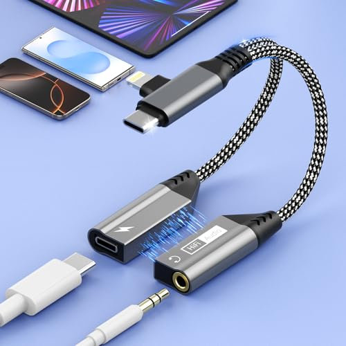 Magnétique Adaptateur USB C + Lightning vers Jack 3.5mm 2 en 1 Adaptateur Casque PD60W Charge Rapide Hi-Res Adaptateur Jack AUX Câble Audio Écouteur de Charge pour i-Phone 16 15 iPad Samsung S25 S24