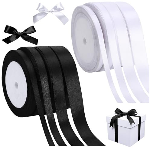 8 Stück Satinband Schwarz Weiss, 176m Geschenkband,6/10/15/20 mm Schleifenband,Geschenk Band Hochzeit Stoff,Stoffband für Hochzeit, Geschenkverpackung,Geburtstag Geschenke,Valentinstag