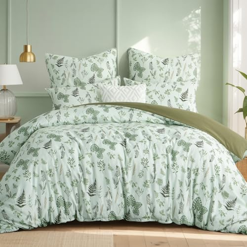Aisbo Bettwäsche 200x220 Blumen Bettbezug - 3teilig Mikrofaser Bettwäsche-Sets Blätter Muster Grün mit Reißverschluss, ÖKO-TEX Bettdeckenbezug 220x200cm mit 2 Kissenbezüge 80x80cm