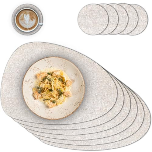 matches21 HOME & HOBBY Ovales Tischset mit Glasuntersetzer im 6er Set - Platzset für Esstisch & Küche Beige meliert - Hitzebeständige PVC Untersetzer abwaschbar