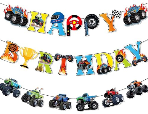 CharmeFleur Monster Truck Geburtstagsbanner Trucks Offroad Fahrzeuge Banner Autos Trucks Hängendes Papierschild Autos Thema Partyzubehör Monster Truck Partydekoration