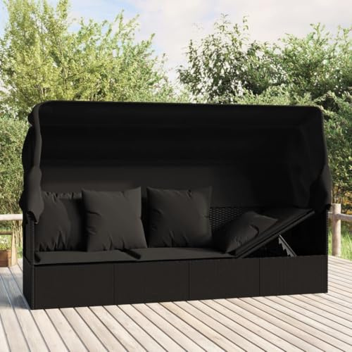 HaoChrymec Outdoor-Loungebett mit Dach und Kissen, Poly Rattan, Verstellbare Liegefläche, Flexibles Design, Lounge Sofa Outdoor, Gartensofa mit Liegefunktion, Balkon Sofa, Schwarz, 203 x 58 x 56 cm