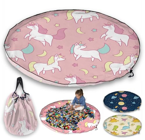 Kinder Aufräumsack Spieldecke Kordelzug | Aufbewahrung Spielzeug Groß | Faltbar Spielzeugaufbewahrung Kinderzimmer | Play and Go Spielzeugsack - Schnelle Reinigung (150cm, Einhorn)