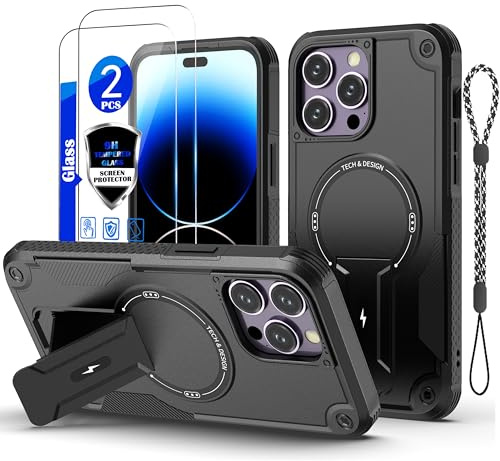 for iPhone 14 Pro Max Case [Compatible with MagSafe][with 2*9H Tempered Glass Screen Protector], Built in Invisible Stand,Shockproof Protective Phone Cover,for iPhone 14 Pro Max 6.7(Black)
