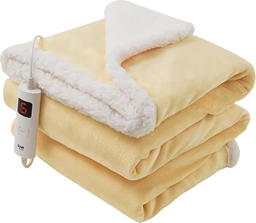 GlamHaus Luxury Electric Heated Throw, Large Reversible Fleece Over Blanket for Sofa or Bed, 160 x 130cm, Heat And Timer Setting, Auto Shut Off, Digital Controller, Machine Washable (Yellow)