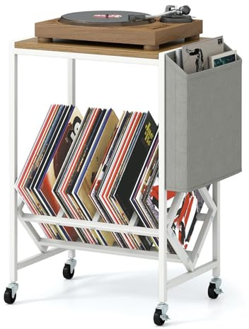 COSTWAY Mueble Tocadiscos con Ruedas, Soporte para Tocadiscos con Estante para Vinilos y Almacenaje Lateral, Mesa Auxiliar Móvil de Discos para Exhibición de Vinilos, 49,5x30x64 cm (Natural y Blanco)