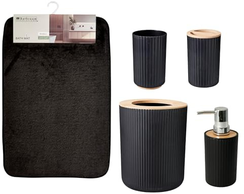 Envenzo 5 Piece Bathroom Accessories Set with Bath Mat, Waste Bin, Soap Dispenser, Toothbrush Holder and Tumbler, Bamboo Accents, Black