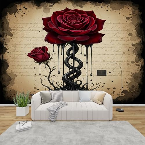 AevuCub Tapete Rote Rosen, Fototapete Gothic Schlafzimmer, Tapeten Vliestapete Gotisch Wohnzimmer, Wandtapete Kinderzimmer Vintage Wanddeko, Mustertapete Vlies 300 x 210 cm (B x H)