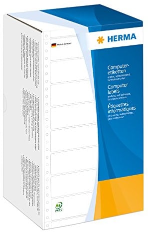 HERMA 8293 Computeretiketten endlos perforiert, 147,32 x 48,4 mm, 1-bahnig, 6000 Stück, selbstklebend, Endlosetiketten Aufkleber mit Führungslochrand, matt, blanko Papier Computer Etiketten, weiß