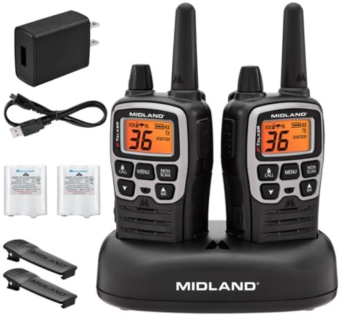 Midland 36 Channel/38 Mile Two Way Radio with 121 Codes, W/X Scan-Alert, Battery, Rapid Charge DTC & USB by Midland