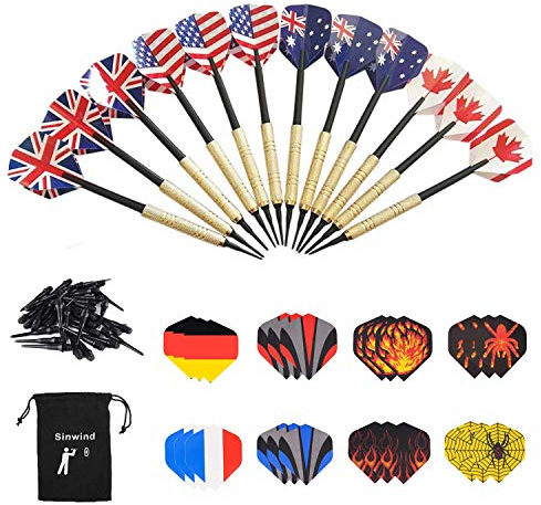 Sinwind Dartpfeile mit Kunststoffspitze, 12 Stück Soft Dartpfeile Set für Elektronische Dartscheibe + 36 Flights 12 Motive (enthält 6 Nationalflagge Stile) + 36 Kunststoff Dartspitzen