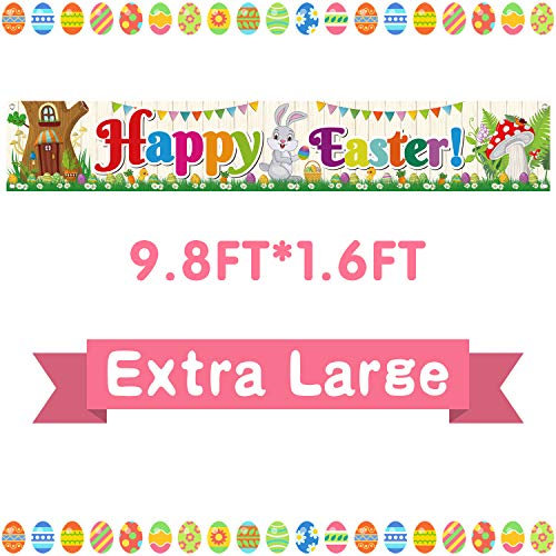 FEPITO Große Frohe Ostern Banner Stoff Ostern Hof Zeichen Hintergrund Banner für Frühling Ostern Dekoration Indoor Outdoor Osterparty Lieferungen, 9.8FT * 1.6FT