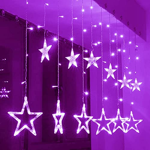 138 LED Vorhang Lichterkette,KINGCOO 2m 12 Sterne Batteriebetriebene Fenster Vorhang Fee Lichterketten Dekoleuchte für Festival Weihnachten/Hochzeit/Party/Garten Dekorationen (Lila)