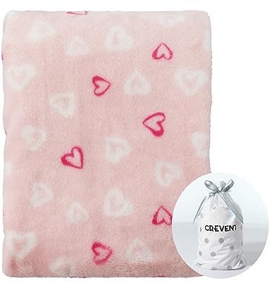 CREVENT - Coperta leggera, calda, morbida e accogliente in pile, per bambini e neonati, per passeggino e culla, 75 x 100 cm (cuore, rosa)