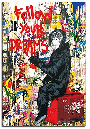 Banksy Bilder auf Leinwand Follow Your Dreams Graffiti Street Art Wand Bild Pop Art Gemälde Kunstdruck Modern Wandbilder XXL Wanddekoration (Mit Rahmen, 140x80cm)