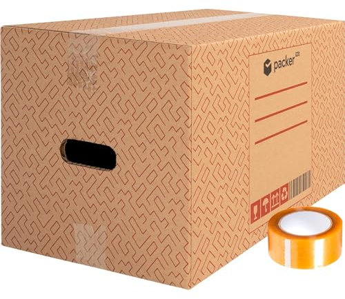 packer PRO Lot de 10 Boîtes en Carton pour Déménagement et Rangement avec Poignées et Ruban Adhésif, Carton Ultra Résistant, 500 x 300 x 300 mm